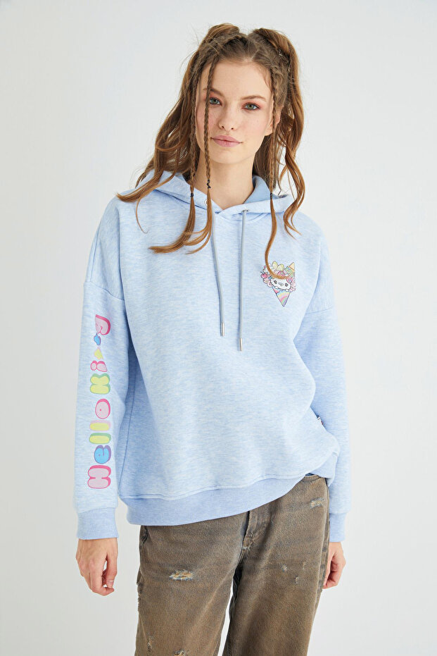 Lisanslı Baskılı Kapüşonlu Kalın Mavi Sweatshirt - 2