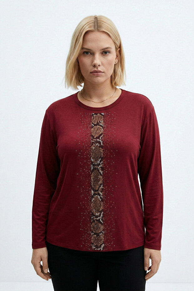 Women's Plus Size Crew Neck Long Sleeve Stone Detailed Stretchy Blouse