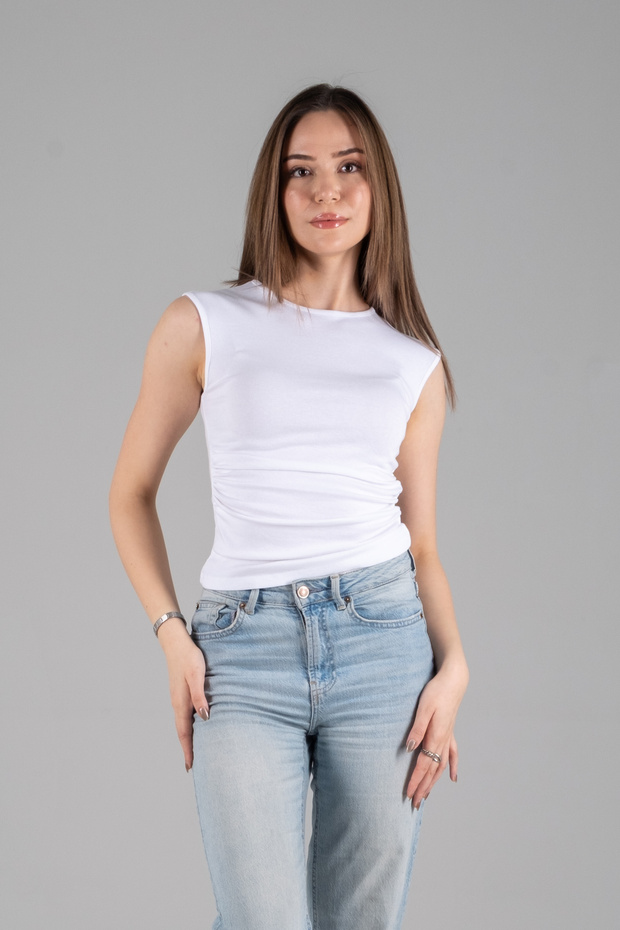 Women's Basic Sleeveless Tshirt with Gathered Sides and Round Neck