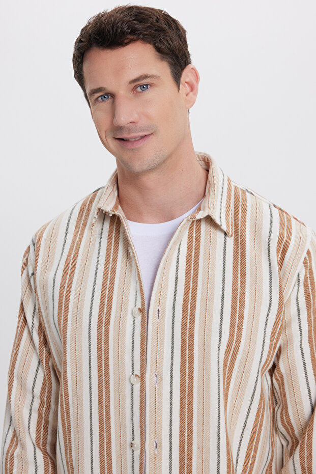Men's Relax Fit Comfortable Cut Sports Collar Striped Lumberjack Shirt