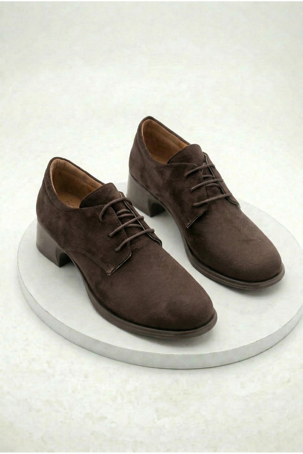 Women's Bitter Brown Suede Block Heel Pack of Loafers Shoes Classic Daily Lace-Up Oxford Shoes
