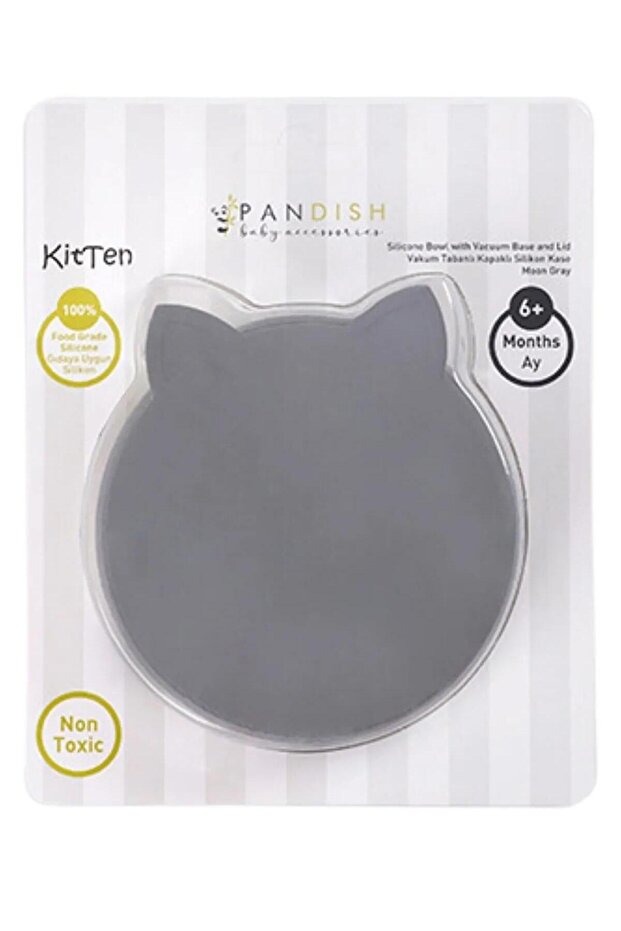 Kitten Vacuum Base Silicone Bowl with Lid - Gray