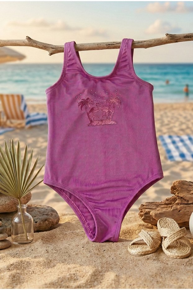 Press Printed Embroidered Pallemy and Pellican Patterned Stones Pleated Licra Girl's Swimwear