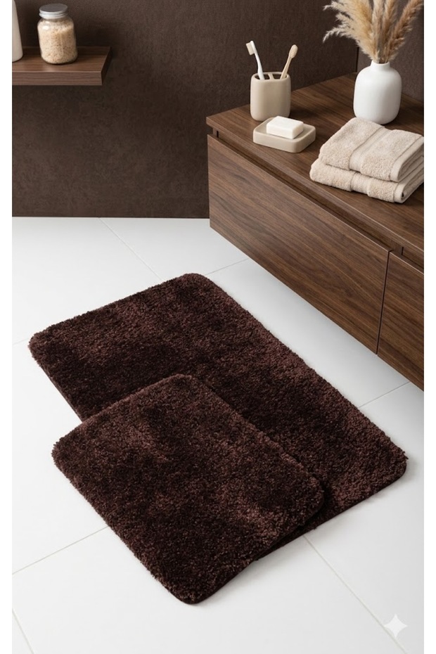 Brown Machine-Made Washable Softy Non-Slip Sole 2-Piece Set Bath Mat Sheepline