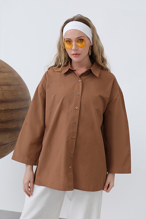 Kadın Geniş Kollu Basic Pamuklu Gömlek - 20655GML - Kahve - 2