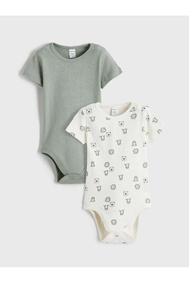 Ecru Printed Baby Boy Snap Fastener Bodysuit 2-Pack (S6)