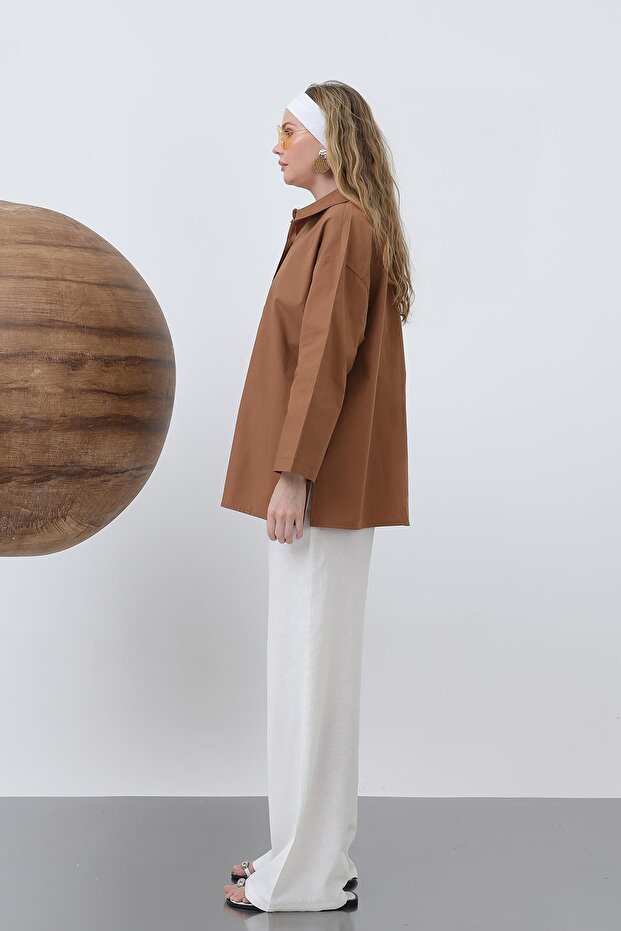 Kadın Geniş Kollu Basic Pamuklu Gömlek - 20655GML - Kahve - 5