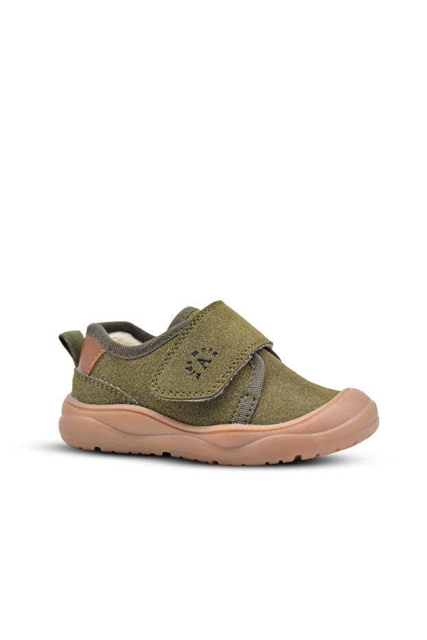 Wide Single Velcro Anatomical Baby Boy Shoes with Plush Fur Inside, Khaki