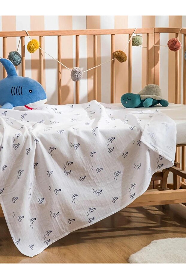 Ecru Printed Baby Boy Muslin Blanket 90X100 cm (S6)