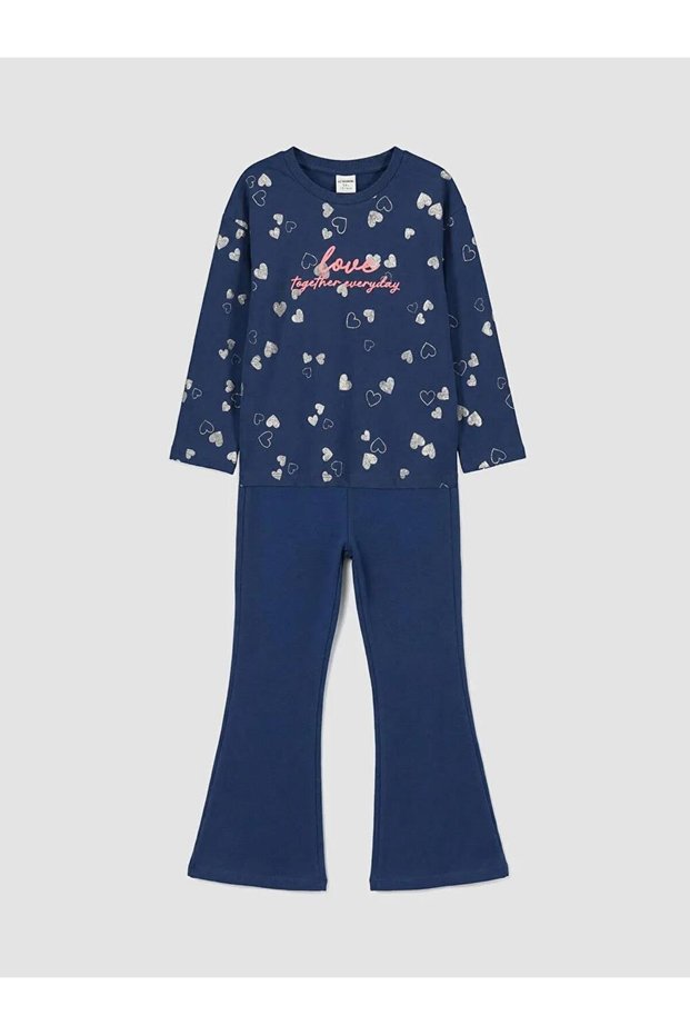 Navy Blue Printed Girls' T-Shirt and Leggings (S6)