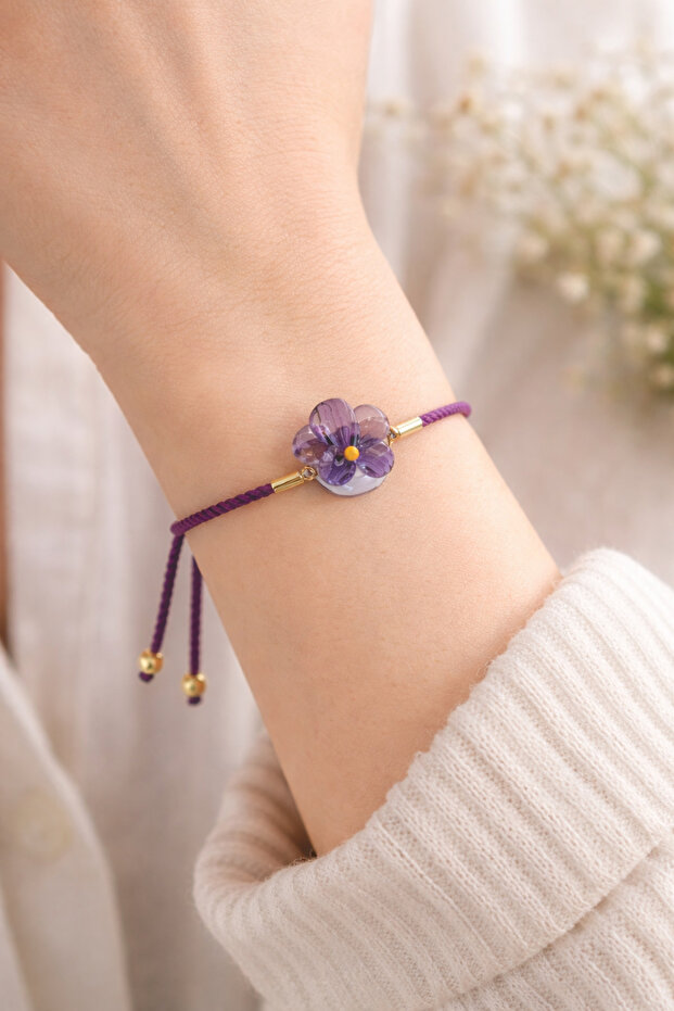 Purple Violet Flower Murano Glass Beaded Bracelet