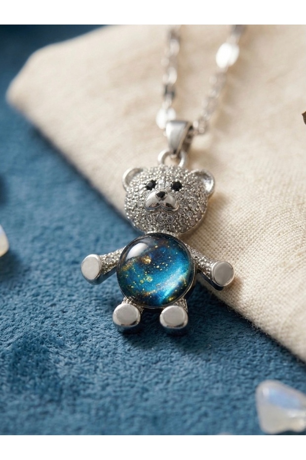 Sparkling Galaxy Teddy Bear Figured Steel Necklace