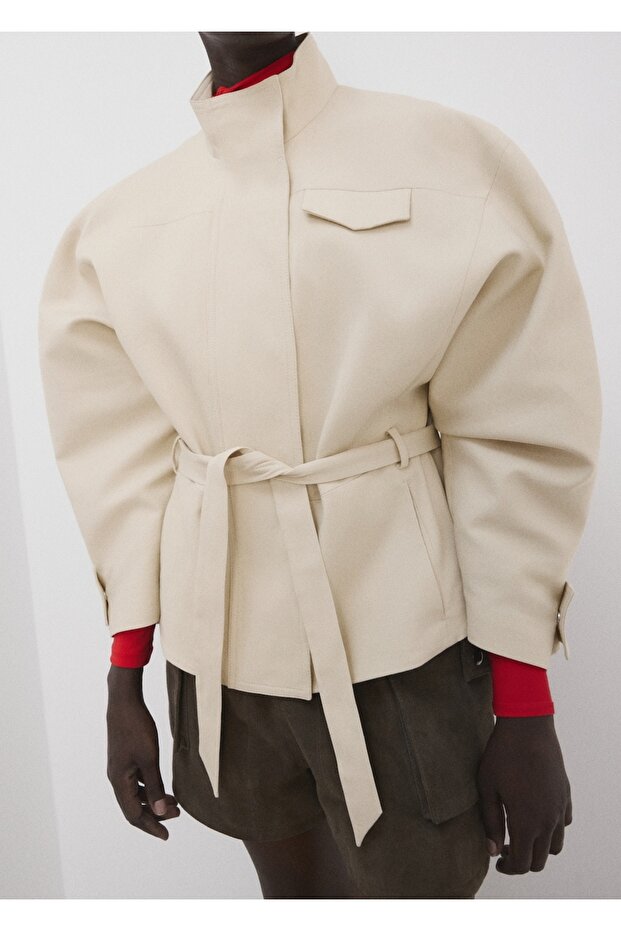 Kemerli denim ceket - 1