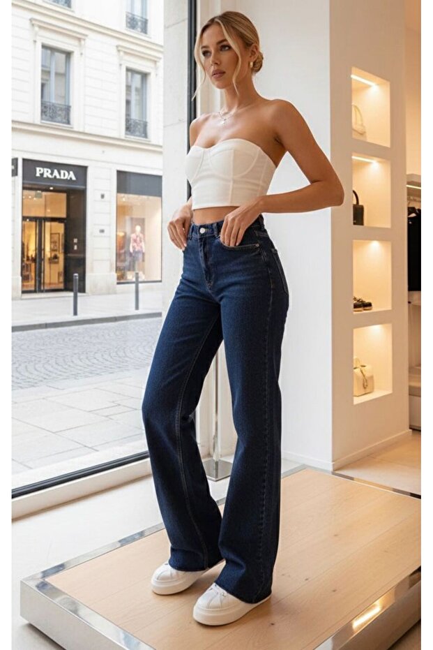 Peri High Waist Navy Blue Extra High Waist Jean Lycra Soft Palazzo