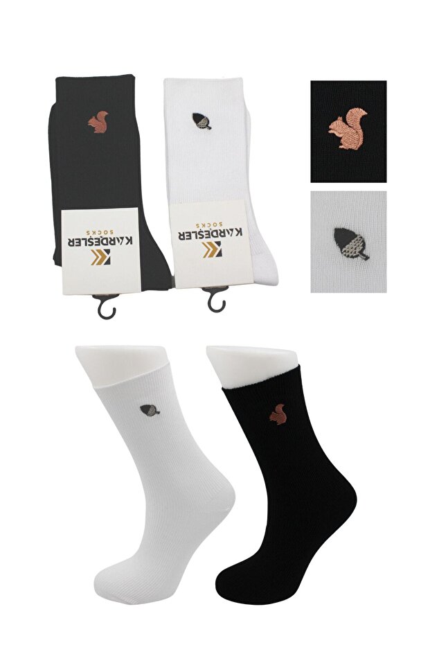 Unisex Patterned Embroidered Colorful Socket Cotton Socks 2 Pack