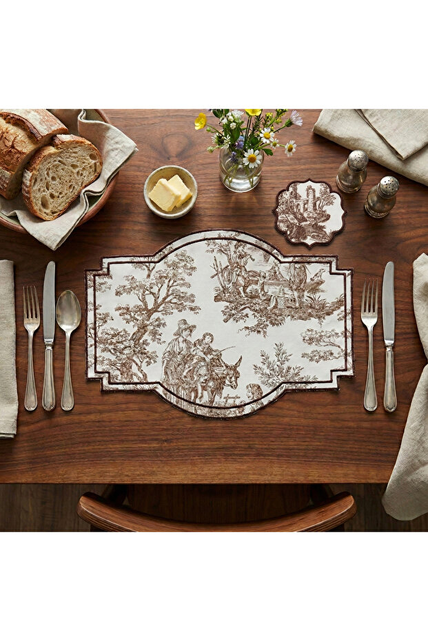 2-Person Medallion, Embroidered French Peasant 4-Piece Service Set (2 Placemat +2 Service Napkins)