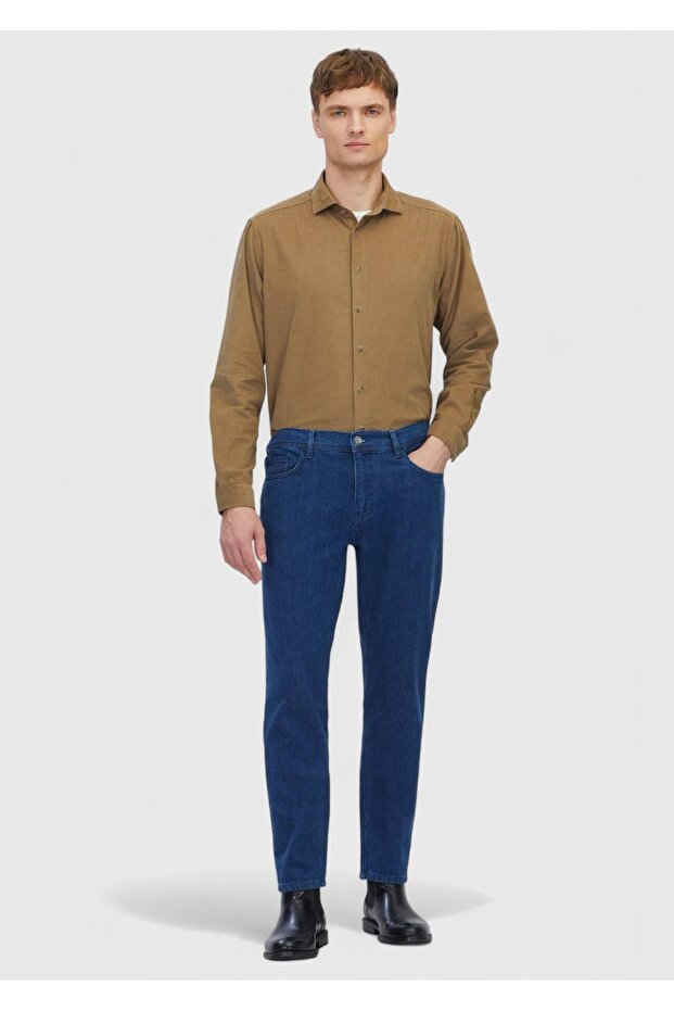 Blue Straight Slim Fit Denim Cotton Blended Trousers