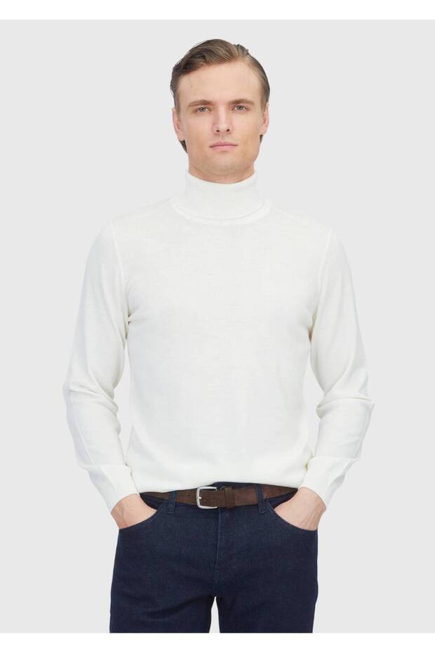 Ecru Full Turtleneck Plain Knit Wool Blended Sweater Sweater