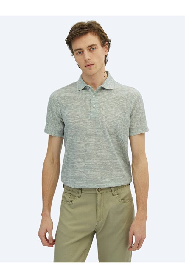 Light Khaki Printed Polo Neck Cotton Blended T-Shirt