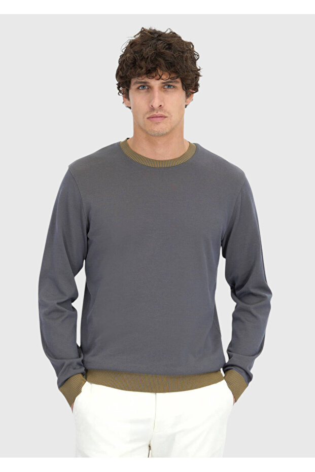 Gray Crew Neck Plain Sweatshirt - 1