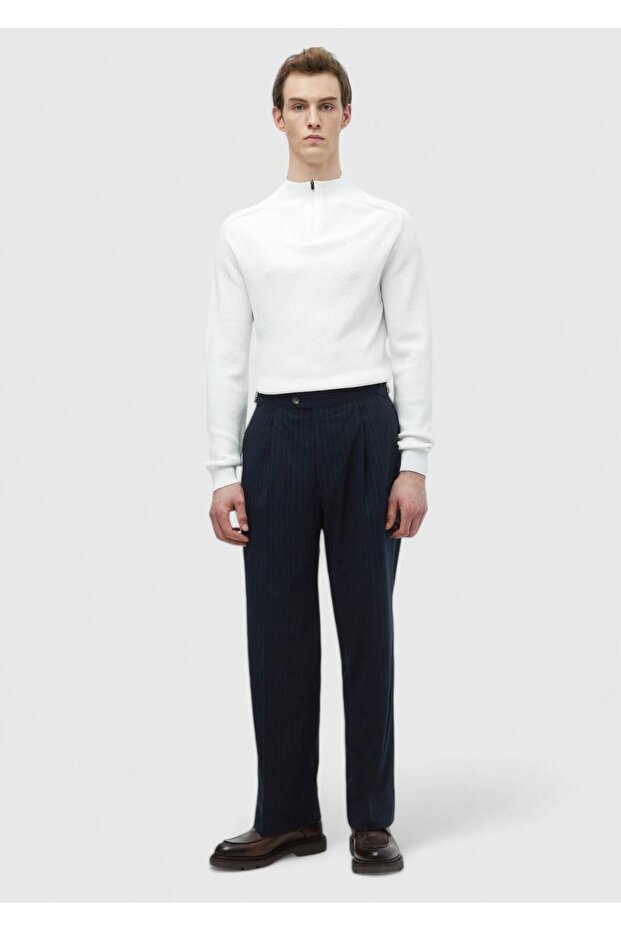 Navy Blue Striped Woven Loose Fit Casual Trousers