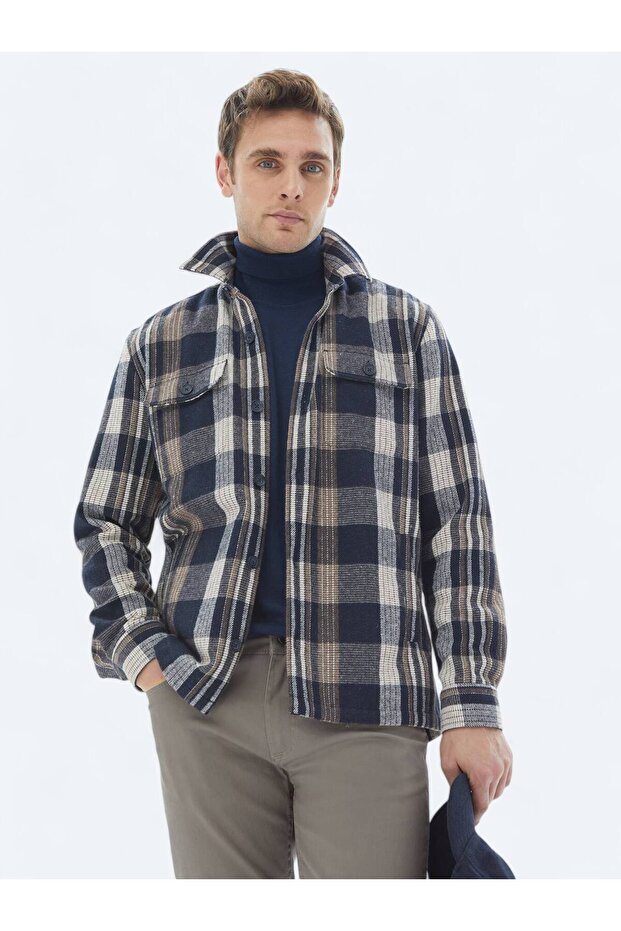 Navy Blue Plaids Regular Fit Woven Wool Blended Overshirt