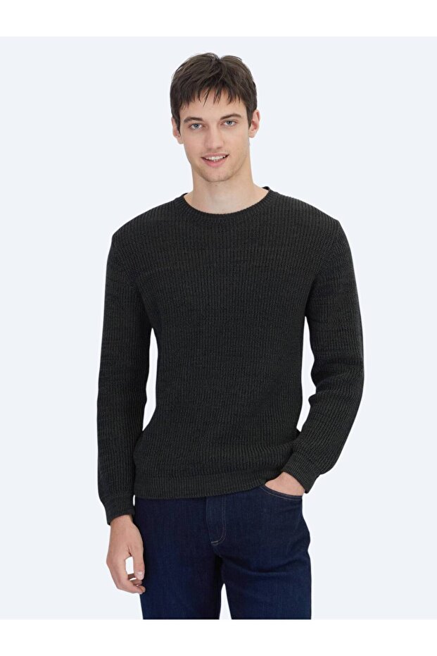 Black Crew Neck Patterned Cotton Blend Sweater Sweater