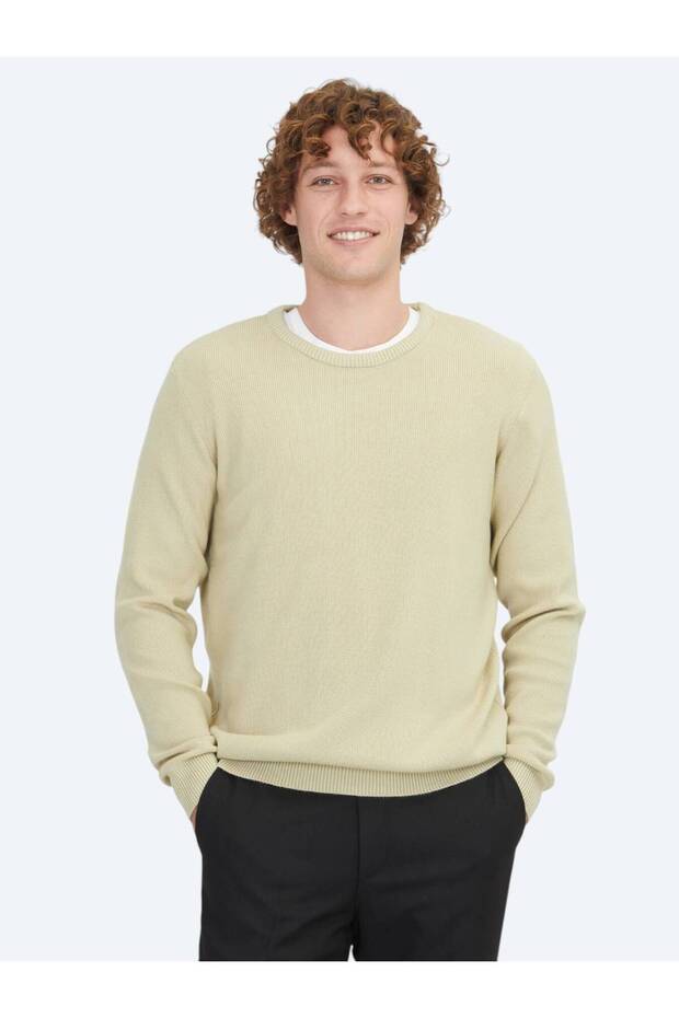 Oil Green Crew Neck Jacquard Knit Sweater