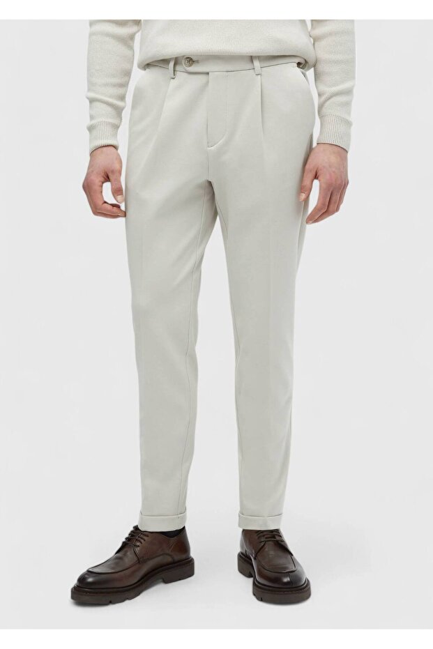 Bej Düz Örme Regular Fit Casual Pantolon - 2