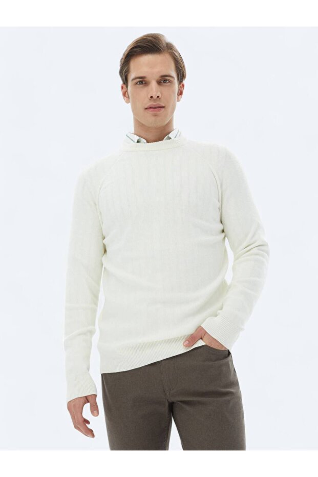 Ecru Crew Neck Patterned Knitwear Sweater