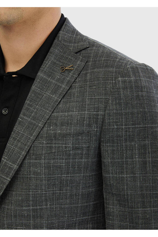 Dark Gray Patterned Regular Fit Silk Blend Jacket - 4