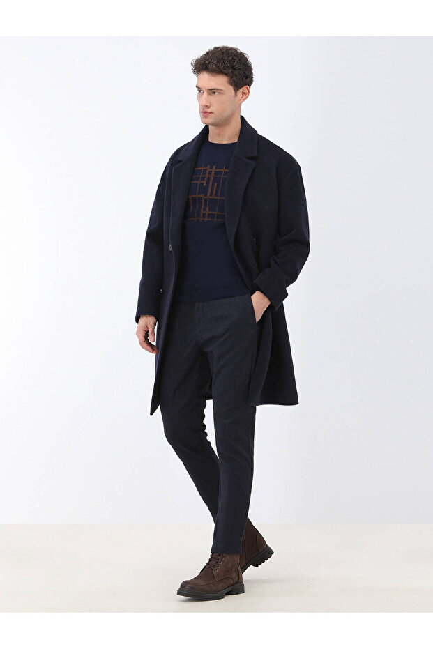 Lacivert Regular Fit Kruvaze Yaka Casual Örme Palto - 2