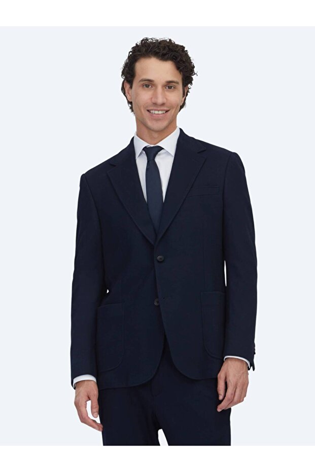 Navy Blue Plain Modern Fit Cotton Blend Knitted Suit