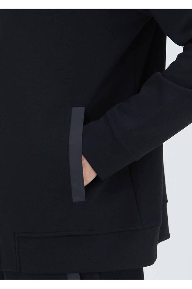 Siyah Kapüşonlu Düz Sweatshırt - 5