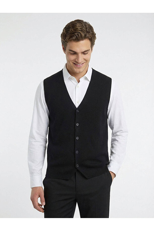 Siyah Regular Fit Casual Örme Triko Yelek - 1