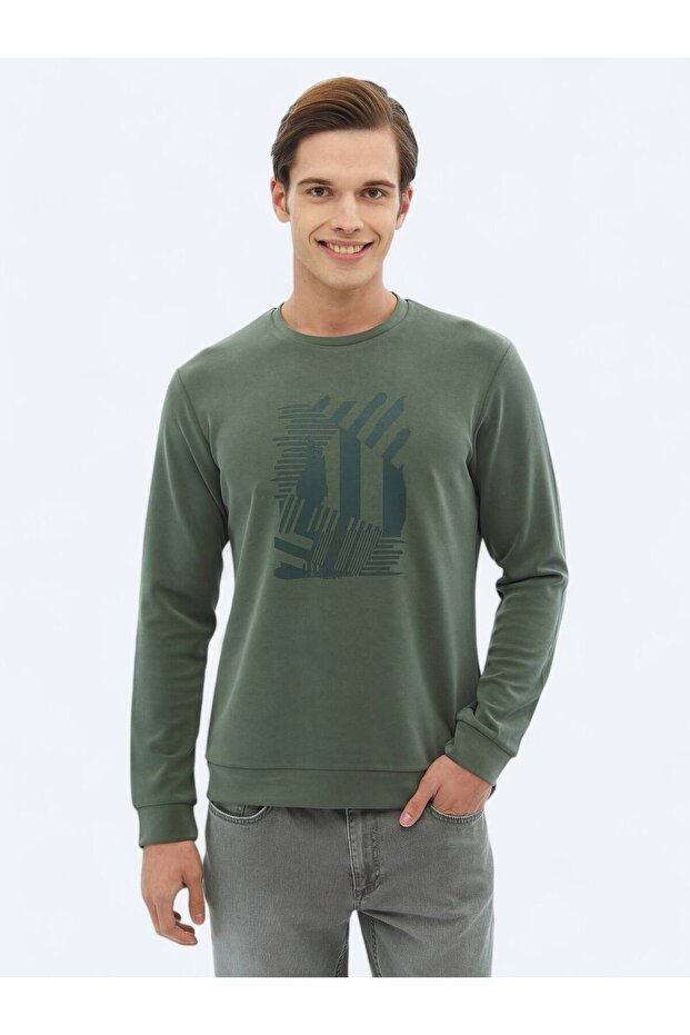 Khaki Crew Neck Printed Sweatshirt