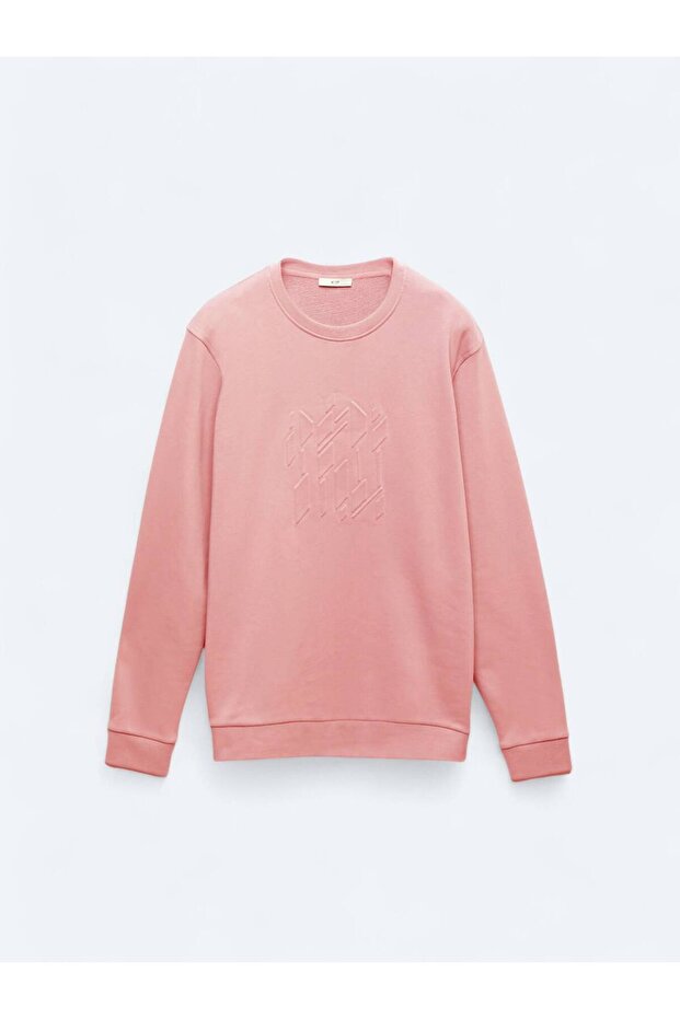 Pembe Bisiklet Yaka Baskılı Sweatshırt - 8