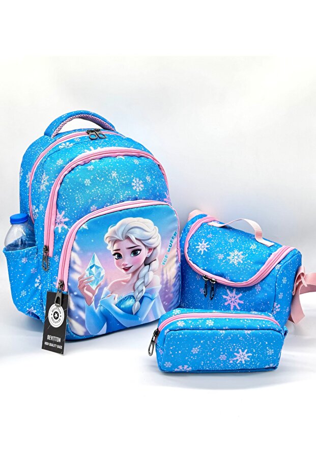 Blue First School Bag Set of 3 Girls Primary School Bag with Character Pattern