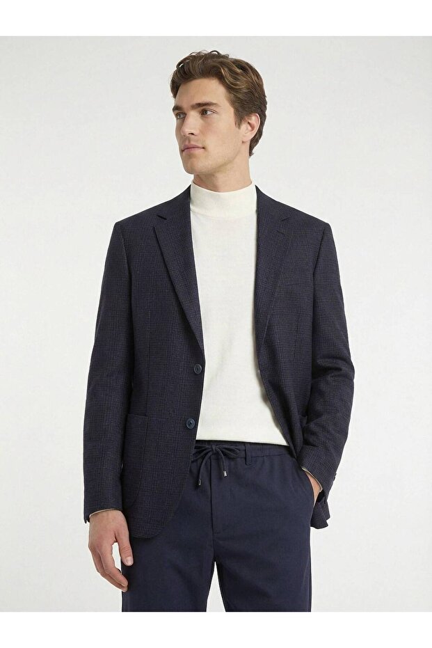 Navy Blue Patterned Wool Blend Jacket - 1