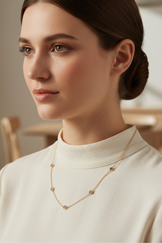 ALTIN KOLYE 5'Lİ YONCA MOR RENK - 1