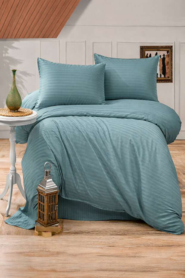 Striped Cotton Satin Petrol Hotel Series Double Duvet Cover Set with Elastic Sheets