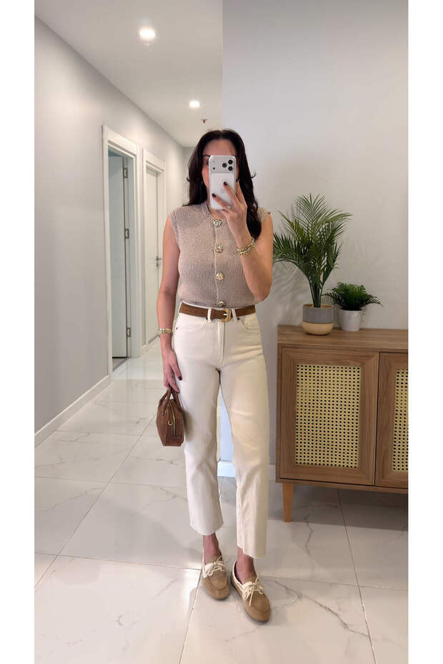 Zr Wita Beige Cropped Leg Slim Fit Jeans