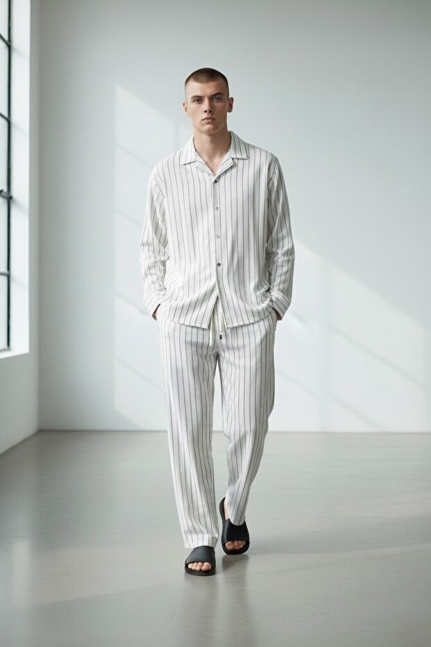 Men's White Striped Oversized Shirt-Bottom Set