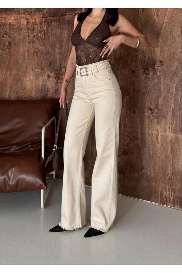 Women's High Waist Faded Effect Vintage Belted, Waist Tassel Hem Tassel Palazzo Jeans