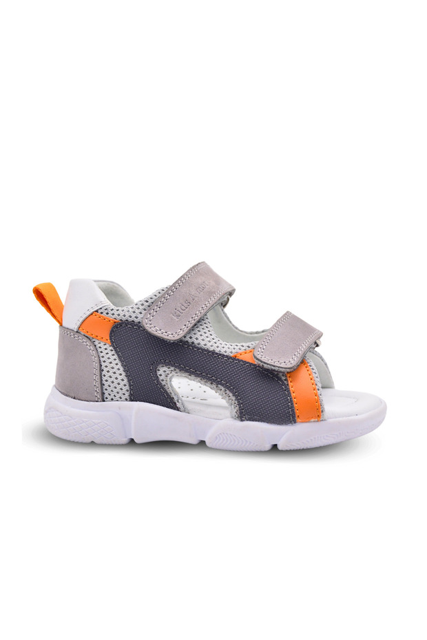 Samba Double Velcro Air Mesh Detailed Genuine Leather Baby Boy Sandals Gray