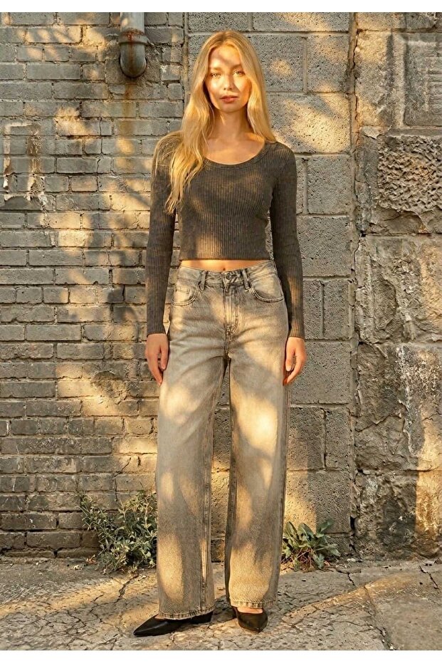 Anthracite Ribbed Knit Long Sleeve Slim Fit Cropped