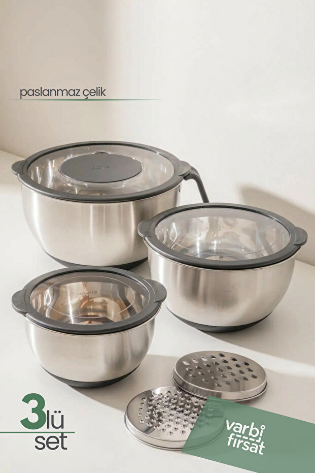 3-Piece Stainless Steel Mixing Bowl Set | Kitchen Bowl with Lid | 16 cm 20 cm 24 cm Mixing Bowl