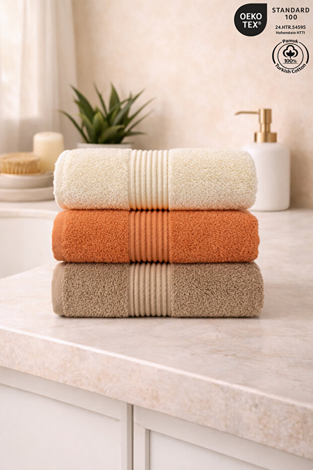 3-Piece Hand Towel Set 100% Cotton Certified, Hand Face Kitchen Towel Set, Brick Brown Cream