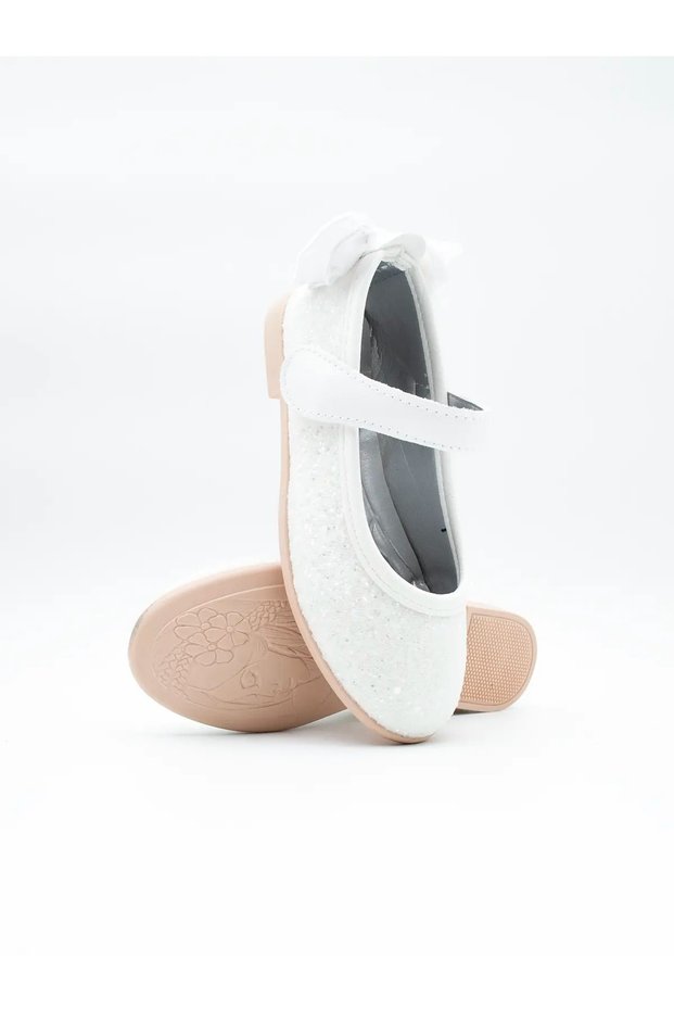 Girl's Glittery Velcro Bow Detailed Ballerina Flats
