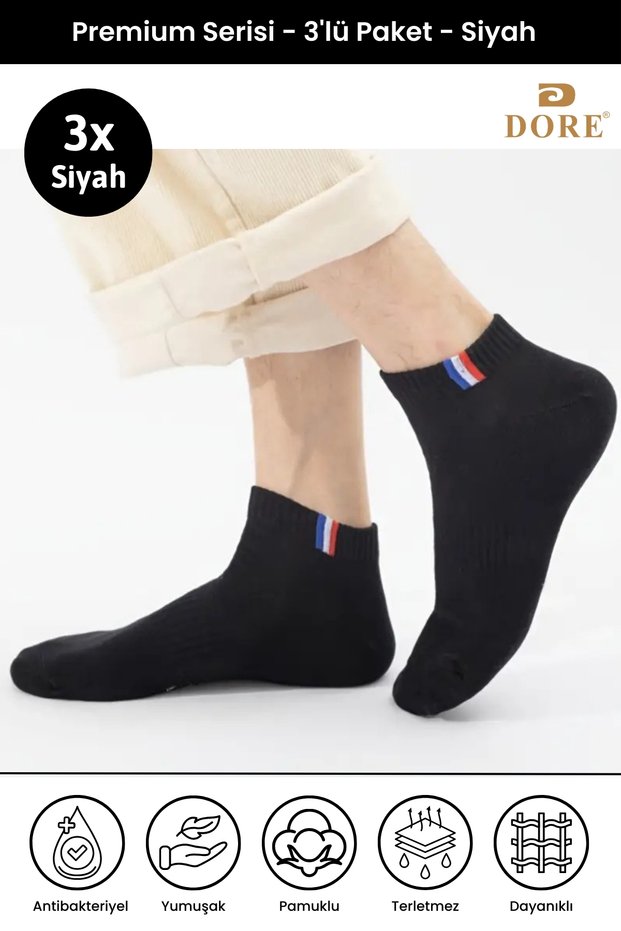 Original Unisex 3 Pairs Premium Sport Special Collection Cotton 4 Seasons Flexible Comfort Model Sweat Absorbent Breathable Skin-Friendly Daily Sports Shoes Sneaker Ankle Length Short Booties Socks - 3 Pairs Black